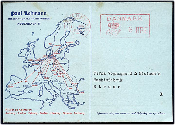 6 øre posthusfranko på tryksagskort fra firma Paul Lehmann i København d. 11.6.1948 til Struer.