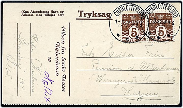 5 øre Bølgelinie i parstykke på tryksagskort Hilsen fra Scala Teater annulleret med brotype IIIb Charlottenlund d. 1.8.1922 til Wernigerode, Tyskland.