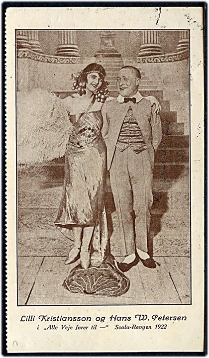 5 øre Bølgelinie i parstykke på tryksagskort Hilsen fra Scala Teater annulleret med brotype IIIb Charlottenlund d. 1.8.1922 til Wernigerode, Tyskland.