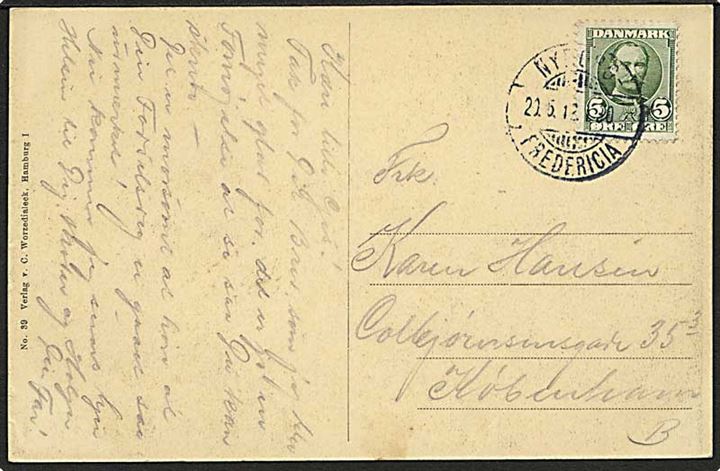 5 øre Fr. VIII på brevkort annulleret med bureaustempel Nyborg - Fredericia T.30 d. 29.5.1912 til København.