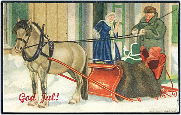 God jul. Norsk julekort, hest trækker en kane. Norsk arbejde u/no.