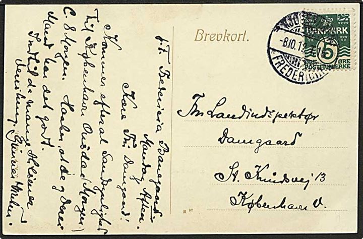 5 øre Bølgelinie på brevkort fra Fredericia annulleret med bureaustempel Kjøbenhavn - Fredericia T.16 d. 8.10.1912 til København.