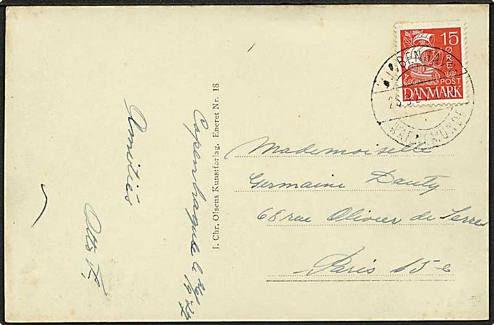 15 øre Karavel på brevkort fra København annulleret med bureaustempel Kjøbenhavn - Warnemünde T.93 d. 26.9.1927 til Paris, Frankrig.