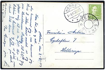 15 øre Chr. X på brevkort annulleret med udslebet stjernestempel HENNE STRAND og sidestemplet Henne d. 3.8.1947 til Hellerup. Henne Strand var sommerbrevsamlingssted.