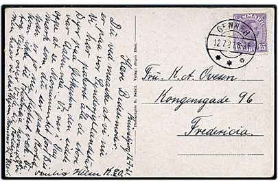 15 øre Chr. X på brevkort annulleret med brotype IIb Genner d. 12.7.1921 til Fredericia.