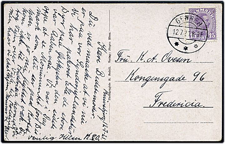 15 øre Chr. X på brevkort annulleret med brotype IIb Genner d. 12.7.1921 til Fredericia.