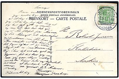 5 øre Chr. X helsagsafklip som frankering på brevkort fra soldat indkvarteret i Tømmerup annulleret med bureaustempel Kjøbenhavn - Dragør T.44 d. 2.5.1915 til Aarhus.