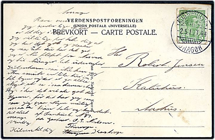 5 øre Chr. X helsagsafklip som frankering på brevkort fra soldat indkvarteret i Tømmerup annulleret med bureaustempel Kjøbenhavn - Dragør T.44 d. 2.5.1915 til Aarhus.