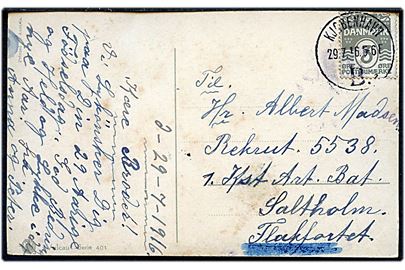 3 øre Bølgelinie på lokalt brevkort fra Kjøbenhavn B. d. 29.7.1916 til rekrut ved 1. Kyst Artilleri Batteri, Saltholm, Flakfortet. 