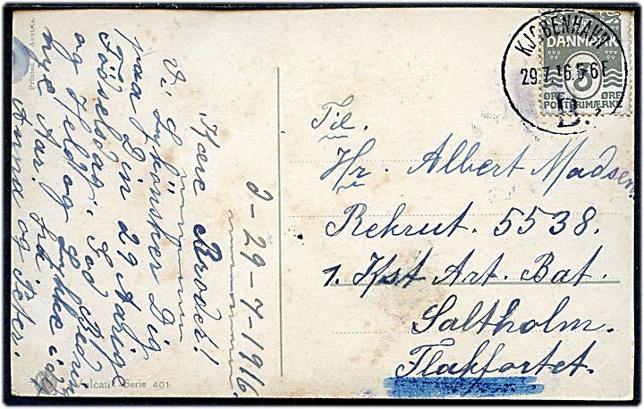 3 øre Bølgelinie på lokalt brevkort fra Kjøbenhavn B. d. 29.7.1916 til rekrut ved 1. Kyst Artilleri Batteri, Saltholm, Flakfortet. 
