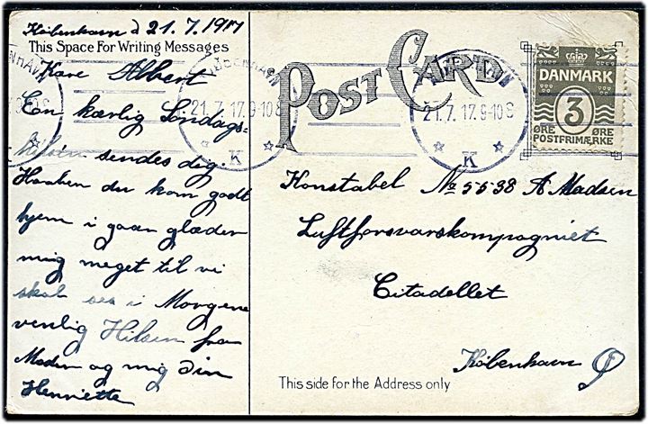 3 øre Bølgelinie på lokalt brevkort i Kjøbenhavn d. 21.7.1917 til konstabel ved Luftforsvarskompagniet, Citadellet, København Ø. Kastellet var samleadresse for mandskab ved Københavns Kystdefension.