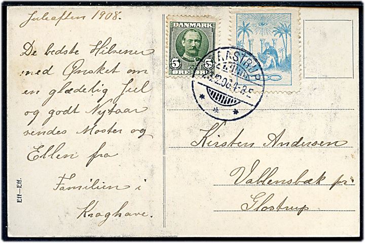 5 øre Fr. VIII og Loge mærkat på brevkort fra Taastrup d. 23.12.1908 til Vallensbæk pr. Glostrup.