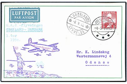 15 øre Chr. X på filatelistisk flyvningskort SAS flyvning 1. tur 1950 fra Julianehaab d. 4.5.1950 via Grønlands Styrelse d. 8.5.1950 til Odense.