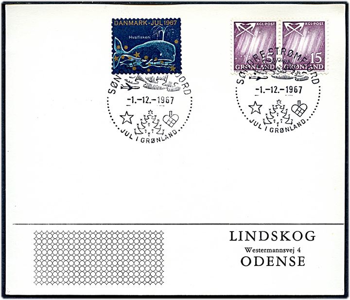 15 øre Nordlys i parstykke og Julemærke 1967 på filatelist brevkort annulleret med Jule-særstempel i Søndre Strømfjord d. 1.12.1967 til Odense.