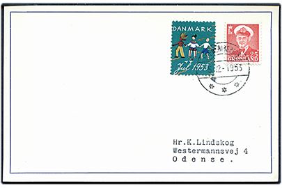 25 øre Fr. IX og Julemærke 1953 på filatelistisk brevkort fra Frederikshaab d. 5.12.1953 til Odense.