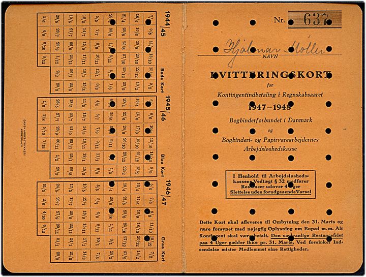 Bogbinderforbundet i Danmark. Medlemsbog og kvitteringskort med kontingentmærker fra 1947-1948
