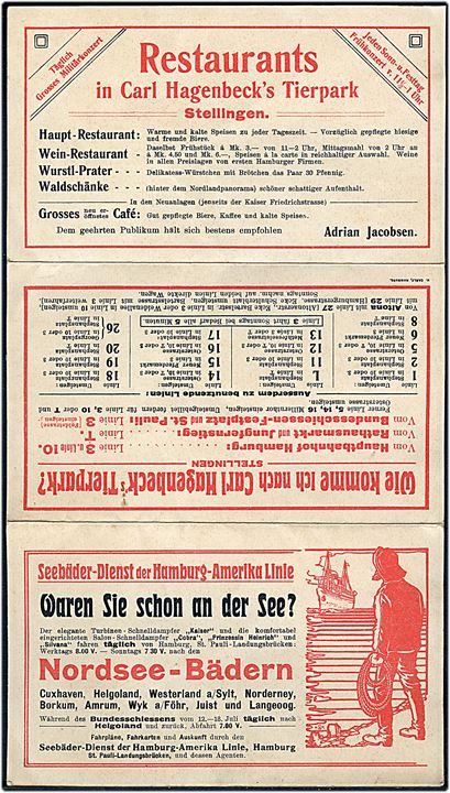Lille bykort over Hamburg med reklamer fra bl.a. Seebäder-Dienst der Hamburg-Amerika Linie.