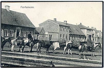Ferðamenn. O. Johnson & Kaaber no. 7742. Frankeret med 4 aur To Konger (2) fra Reykjavik 1907 til København.