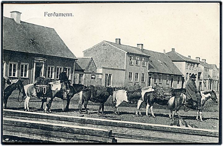 Ferðamenn. O. Johnson & Kaaber no. 7742. Frankeret med 4 aur To Konger (2) fra Reykjavik 1907 til København.