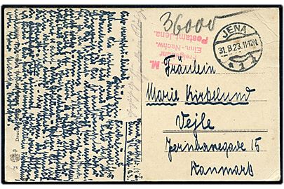 36000 mk. kontant-frankeret infla brevkort med rødt stempel ____M. / Freigebühr / Einn.-Nachw. / Postamt Jena og stemplet Jena d. 31.8.1923 til Vejle, Danmark.