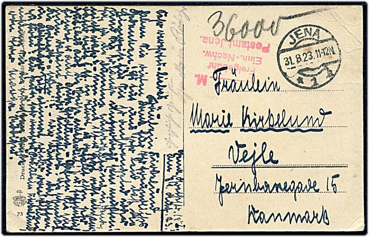 36000 mk. kontant-frankeret infla brevkort med rødt stempel ____M. / Freigebühr / Einn.-Nachw. / Postamt Jena og stemplet Jena d. 31.8.1923 til Vejle, Danmark.
