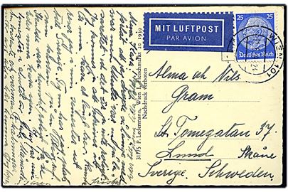 25 pfg. Hindenburg på Anschluss luftpost-brevkort fra Wien d. 12.6.1939 til Lund, Sverige.