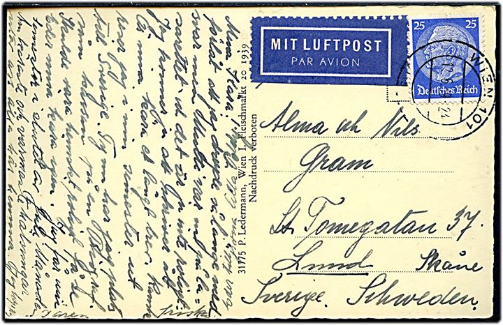 25 pfg. Hindenburg på Anschluss luftpost-brevkort fra Wien d. 12.6.1939 til Lund, Sverige.