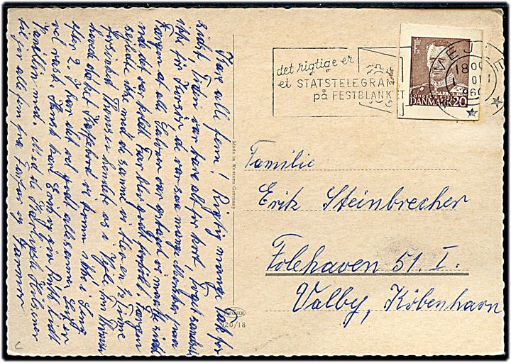20 øre Fr. IX helsagsafklip som frankering på brevkort fra Vejle d. 1.10.1960 til København.
