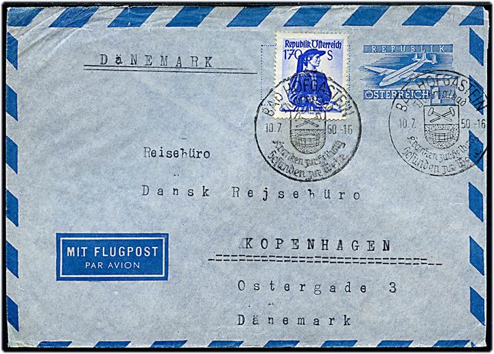 1 sh. helsags luftpostkuvert opfrankeret med 1,70 sh. Egnsdragt fra Bad Hofgastein d. 10.7.1950 til København, Danmark.