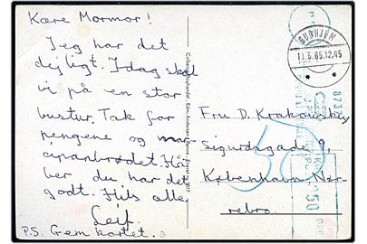Ufrankeret brevkort (Hilsen fra Bornholm med landkort) fra Gudhjem d. 11.5.1965 til København. Udtakseret i porto med 50 øre grønt portomaskinstempel fra Nørrebro Postkontor d. 12.5.1965.