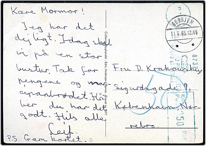 Ufrankeret brevkort (Hilsen fra Bornholm med landkort) fra Gudhjem d. 11.5.1965 til København. Udtakseret i porto med 50 øre grønt portomaskinstempel fra Nørrebro Postkontor d. 12.5.1965.