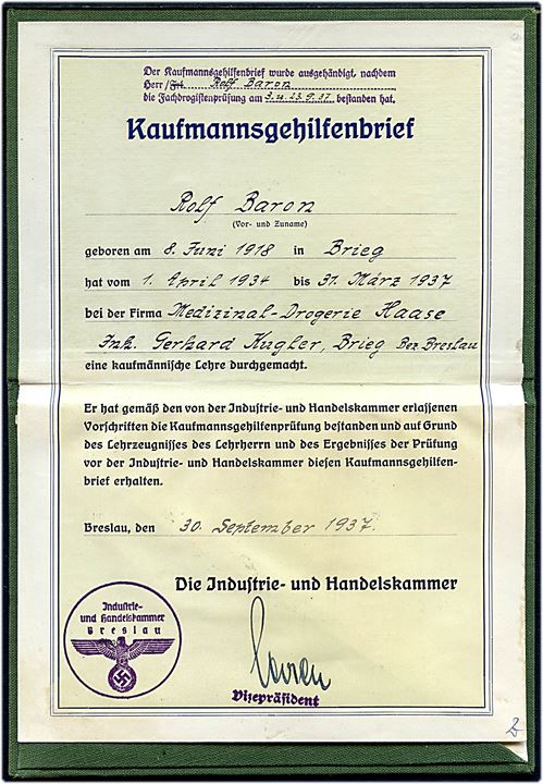 Kaufmannsgehilfenbrief udstedt i Breslau d. 30.9.1937.