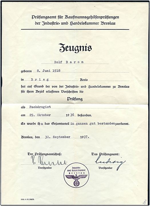 Kaufmannsgehilfenbrief udstedt i Breslau d. 30.9.1937.