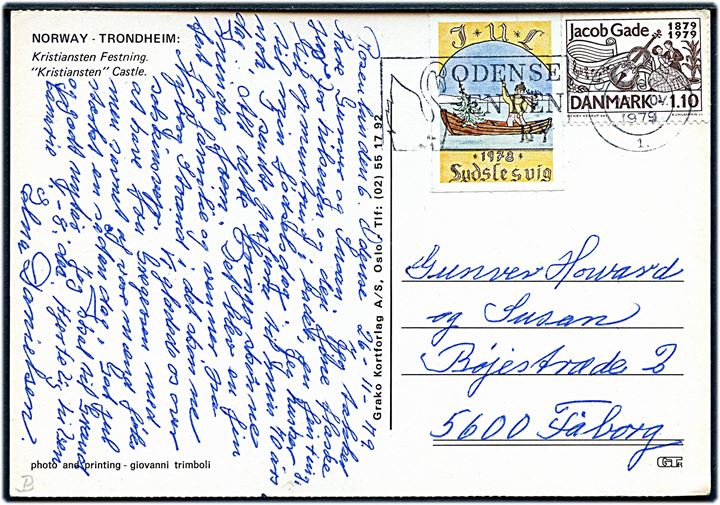 1,10 kr. Jacob Gade og Sydslesvig Julemærke 1979 på brevkort fra Odense d. 27.11.1979 til Faaborg.