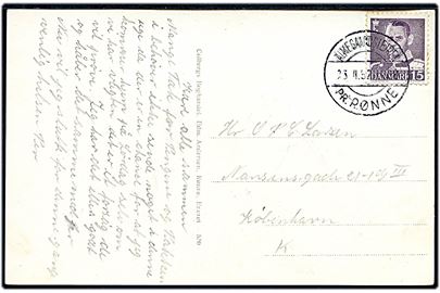 15 øre Fr. IX på brevkort annulleret med pr.-stempel Almegaardslejren pr. Rønne d. 23.4.1952 til København.