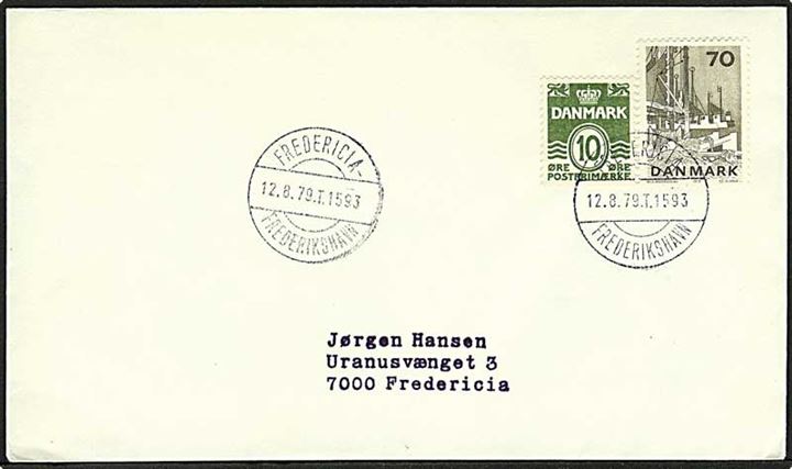 10 øre Bølgelinie og 70 øre Fiskeri på tryksag annulleret med bureaustempel Fredericia - Frederikshavn T.1593 d. 12.8.1979 til Fredericia.