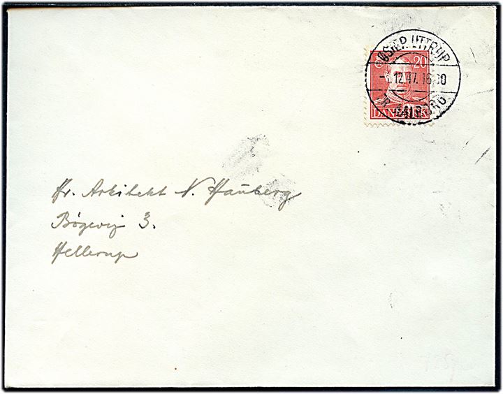 20 øre Chr. X på brev annulleret med pr.-stempel Øster Uttrup pr. Aalborg d. 1.12.1947 til Hellerup.