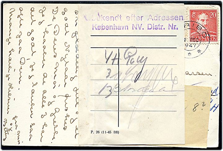 20 øre Chr. X og Julemærke 1947 på julekort fra Maribo d. 22.12.1947 til København. Ubekendt og forespurgt med flere vignetter.