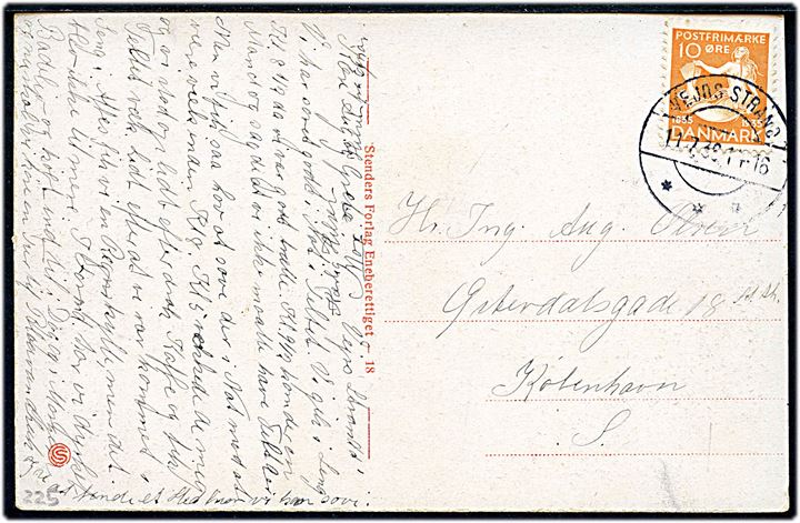 10 øre H. C. Andersen på brevkort annulleret med brotype IIc Vejrs Strand sn2 d. 11.7.1936 til København. Stempel benyttet ved sommerpostekspedition fra 1934.