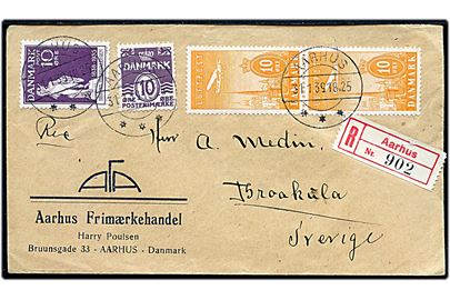 10 øre Bølgelinie, 10 øre Thorvaldsen og 10 øre Luftpost i parstykke på anbefalet brev fra Aarhus d. 31.1.1939 til Braakula, Sverige.