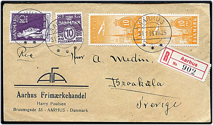 10 øre Bølgelinie, 10 øre Thorvaldsen og 10 øre Luftpost i parstykke på anbefalet brev fra Aarhus d. 31.1.1939 til Braakula, Sverige.
