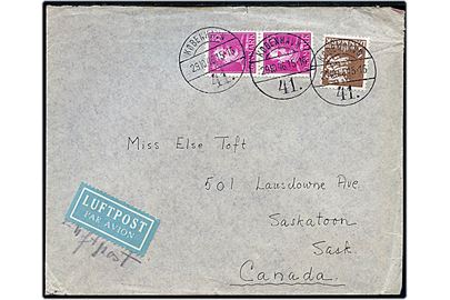 35 øre Chr. X anilinrød i parstykke og 1 kr. Rigsvåben på luftpostbrev fra København d. 29.10.1946 til Saskatoon, Canada. Bagklap mgl.