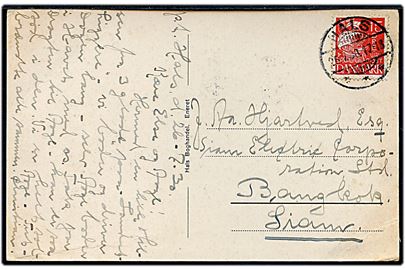 15 øre Karavel på brevkort (Parti fra Torvet, Hals) annulleret med sjældent brotype Ic Hals d. 26.7.1930 til Bangkok, Siam. Stemplet kun registreret anvendt i perioden 10.6.-4.10.1930.