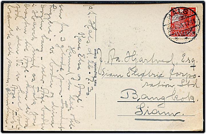 15 øre Karavel på brevkort (Parti fra Torvet, Hals) annulleret med sjældent brotype Ic Hals d. 26.7.1930 til Bangkok, Siam. Stemplet kun registreret anvendt i perioden 10.6.-4.10.1930.