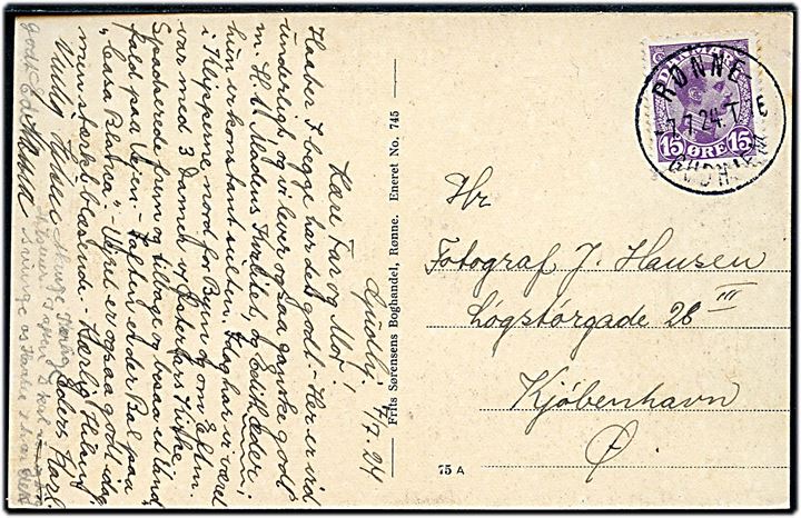 15 øre Chr. X på brevkort fra Gudhjem annulleret med bureaustempel Rønne - Gudhjem T.16 d. 7.7.1924 til København.