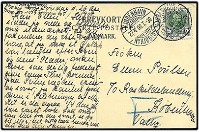 5 øre Fr. VIII på brevkort (Orenæs) annulleret med meget svagt stjernestempel OREHOVED og sidestemplet bureau Kjøbenhavn - Nykjøbing F. T.90 d. 27.4.1908 til Kjøbenhavn. Frimærke annulleret igen ved ankomsten i Kjøbenhavn d. 27.4.1908.