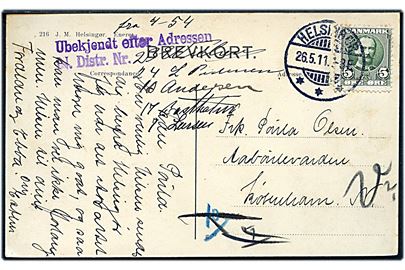 5 øre Fr. VIII på brevkort fra Helsingør d. 26.5.1911 til København. Ubekendt med stempel: Ubekjendt efter Adressen N. Distr. Nr..