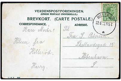5 øre Chr. X på brevkort annulleret med brotype IIIb Hillerød * d. 22.6.1915 til København.