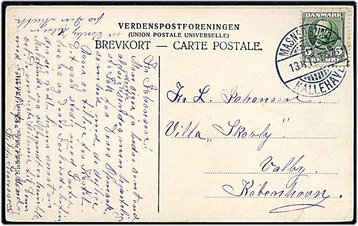 5 øre Fr. VIII på brevkort annulleret med bureaustempel Masnedsund - Kallehave T.3 d. 13.8.1910 til København.