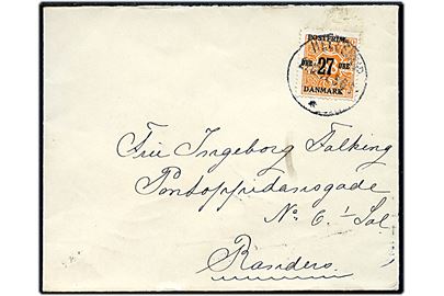 27/38 øre Provisorium på overfrankeret brev fra Hellerup d. 27.12.1921 til Randers.